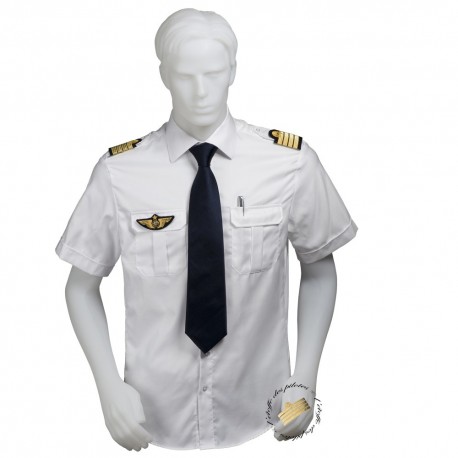 Chemise pilote - marin blanche opaque manches courtes, cintrée, avec épaulettes et poche stylo, coton