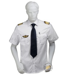 Chemise pilote - marin blanche tissu motif chevrons manches courtes, cintrée, avec épaulettes et poche stylo, coton