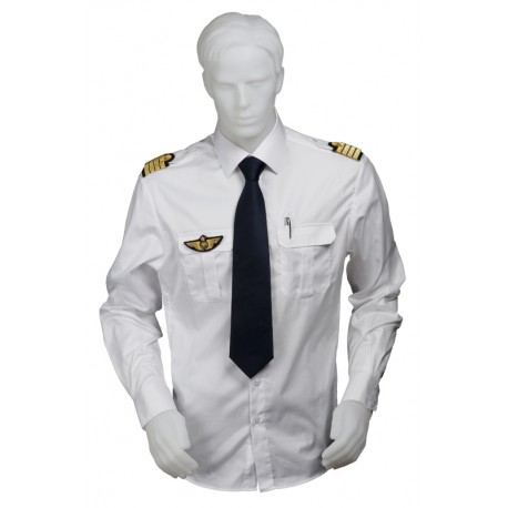 Chemise pilote et marin blanche tissu motif chevrons manches longues, cintrée, avec épaulettes et poche stylo, coton