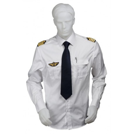 Chemise pilote et marin COUPE DROITE blanche opaque manches longues, avec épaulettes et poche stylo, coton